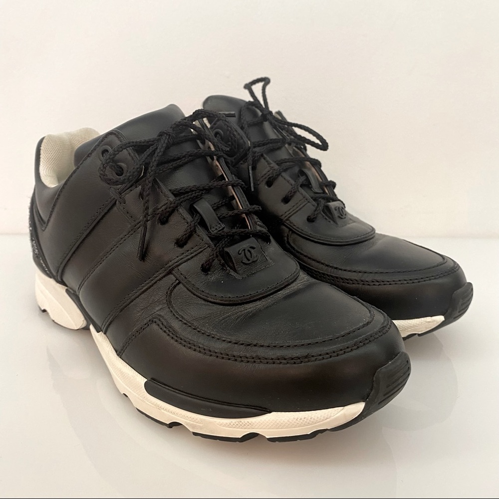 Chanel Black & White Tweed Leather Lace Up Trainers